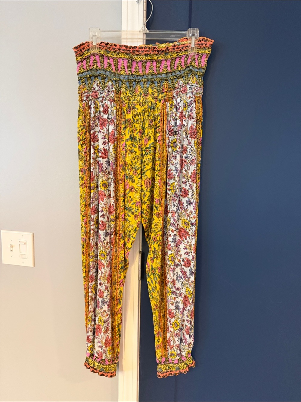 Floral Smocked Waist Yellow Boho Pants free people rare